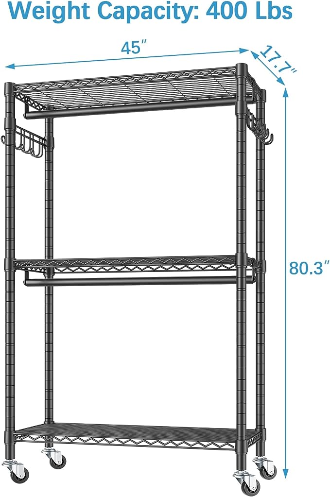 VIPEK V12 Heavy Duty Rolling Garment Rack 3 Tiers Adjustable Wire